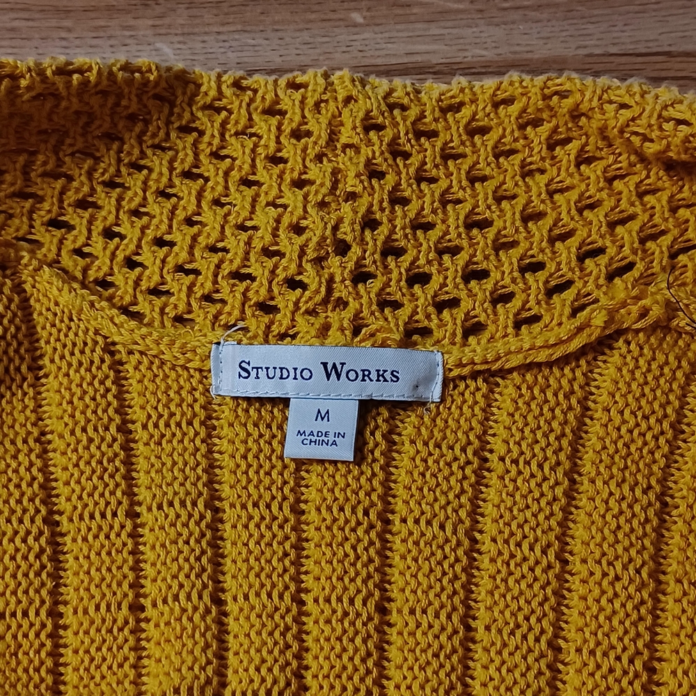 Open-Front Knit Cardigan Sweater Mustard Yellow Size M Cozycore Autumn Boho Chic - Picture 4 of 16